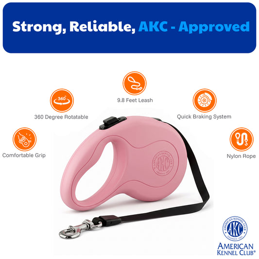 Akc Retractable Leash Small 3M/9.8Ft Pink