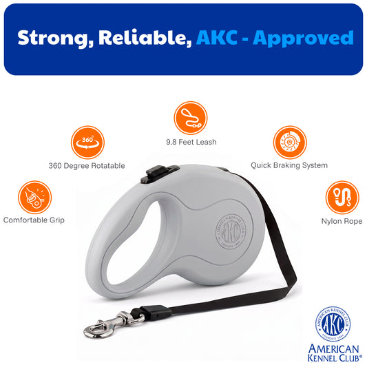 Akc Retractable Leash Small 3M/9.8Ft Gray