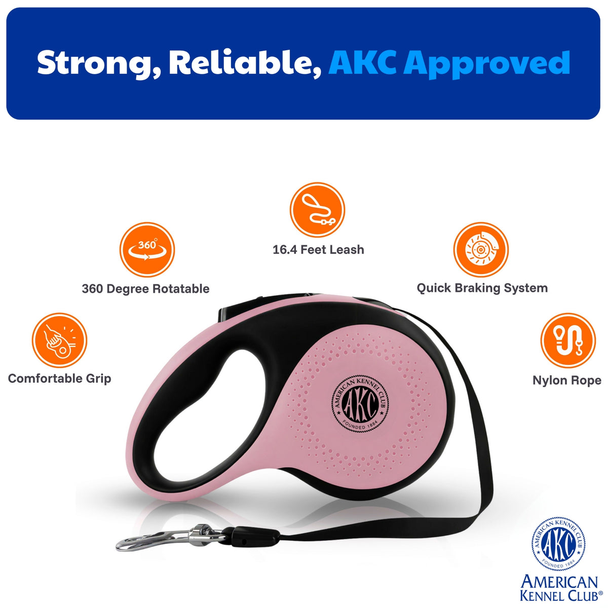 Akc X-Large Heavy Duty Retractable Leash 110 Lbs 16.4Ft Pink
