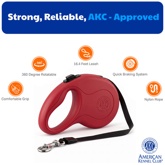 Akc Retractable Leash Large 5M/16.4Ft Red