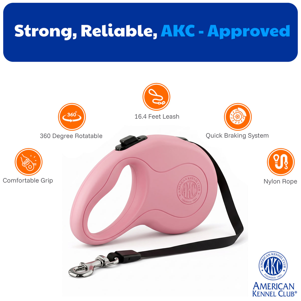 Akc Retractable Leash Large 5M/16.4Ft Pink