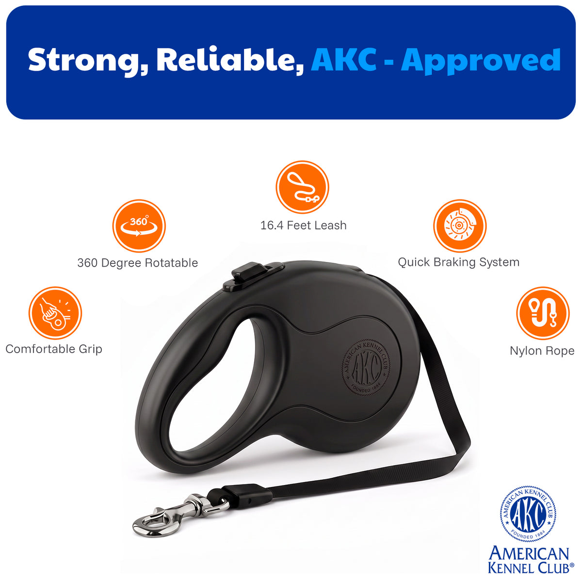 Akc Retractable Leash Large 5M/16.4Ft Black