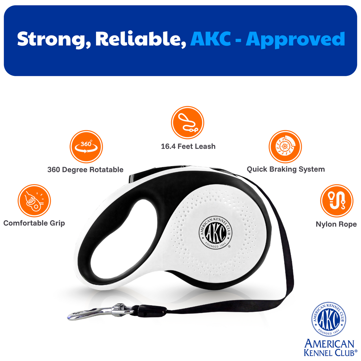 Akc Large Heavy Duty Retractable Leash 66 Lbs 16.4Ft White