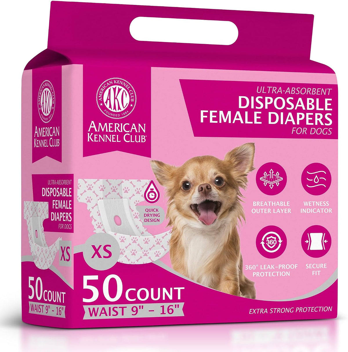 Akc Size Xs Female Dog Diapers 50Ct Waist Sz 9"- 16"