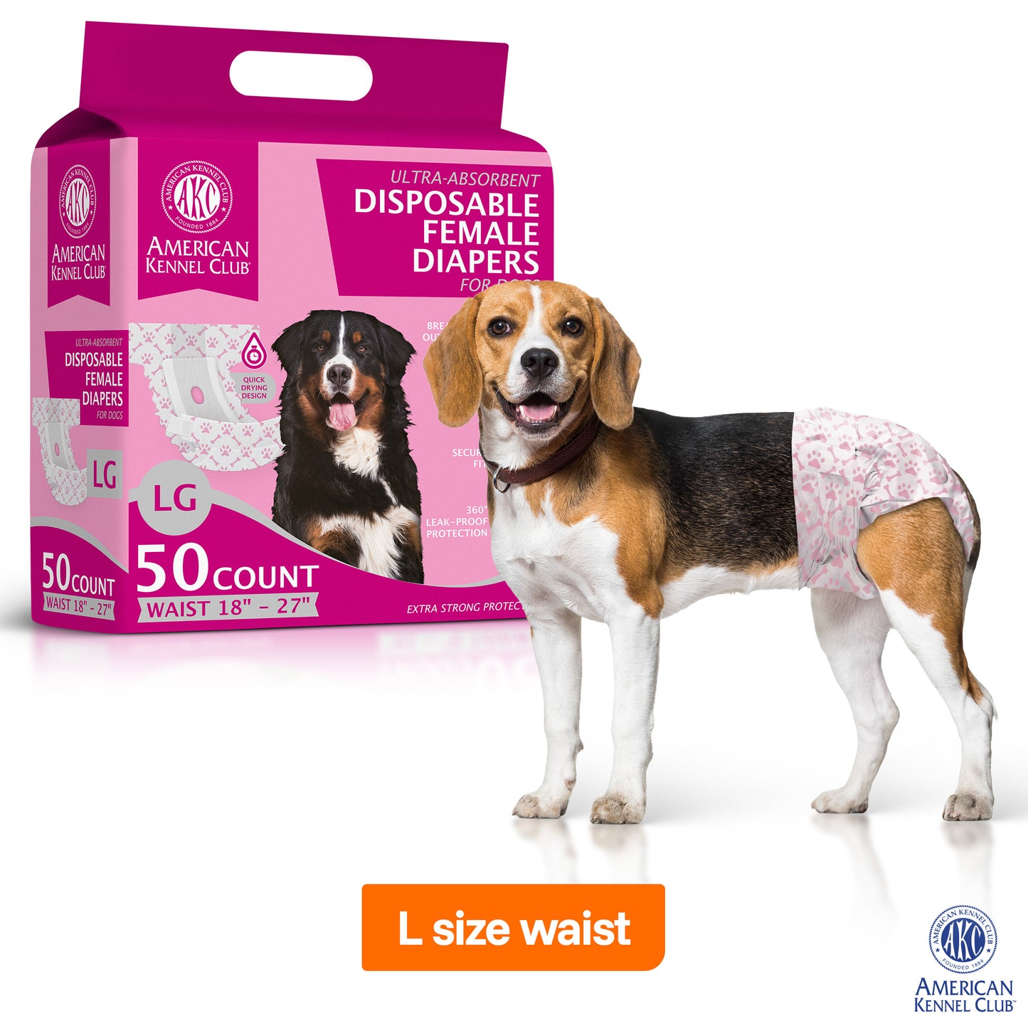 Akc Size L Female Dog Diapers 50Ct Waist Sz 18"- 27"