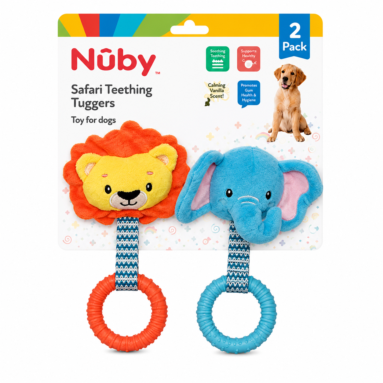 Nuby 2 Pk Plush With Tpr Ring Puppy Toy Safari Assortment