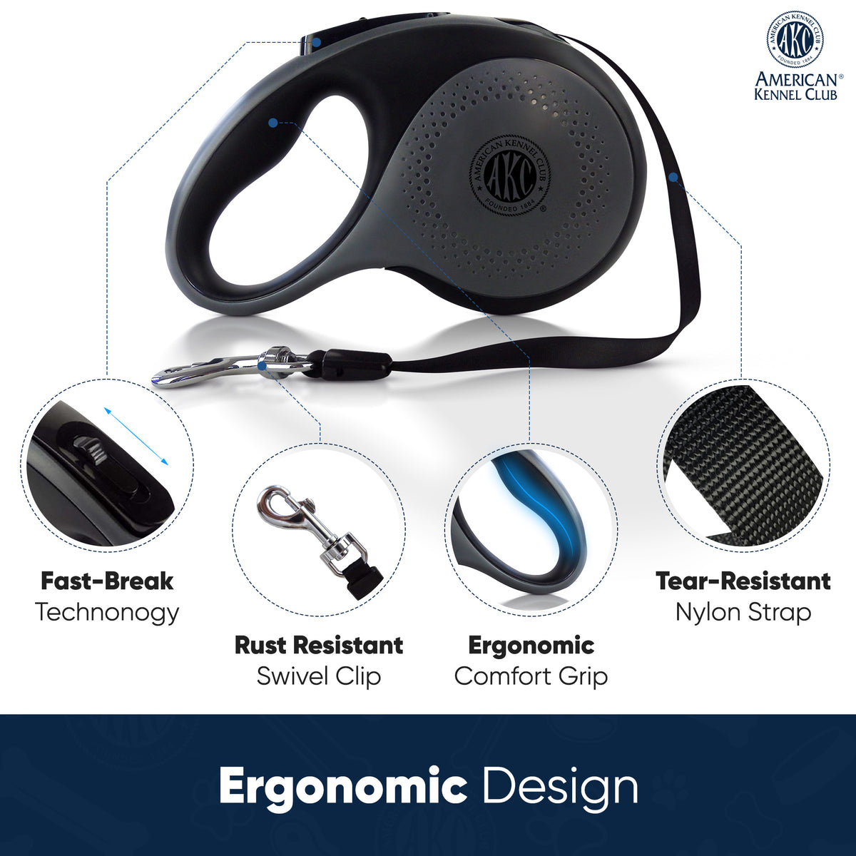 Akc Retractable Leash Large 5M, 66 Lbs Dkgry/Blk
