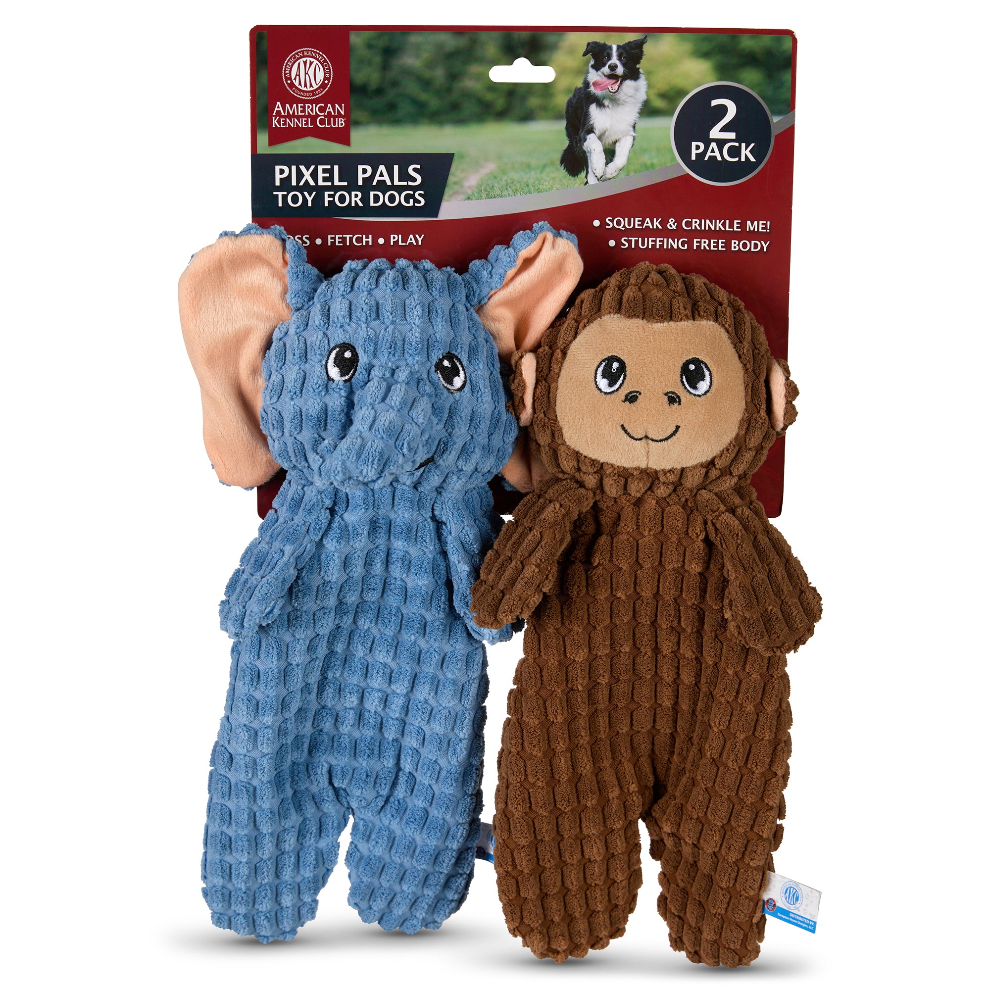 Akc 2 Pk Medium Pixel Elephant And Monkey Toy Set