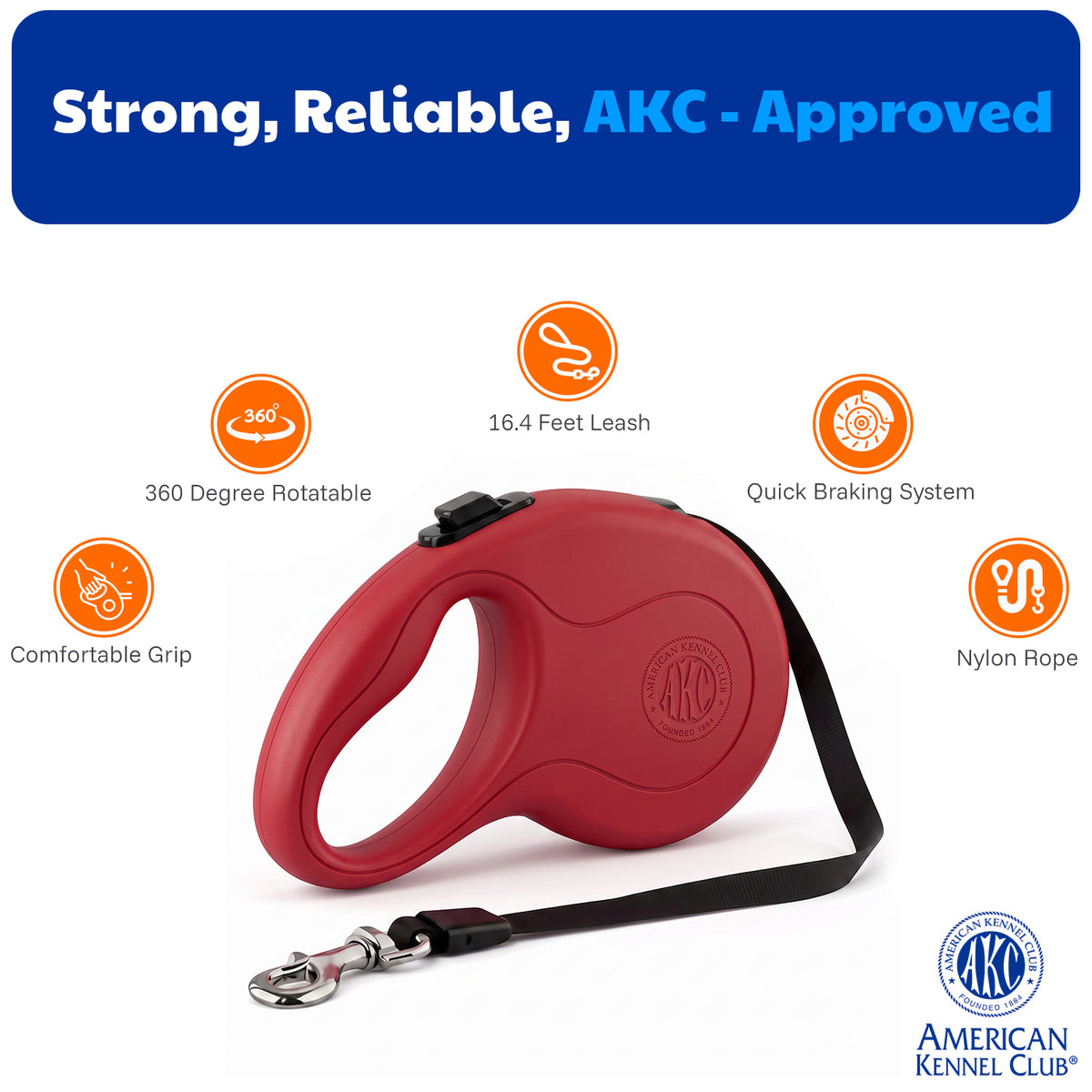 Akc Retractable Leash Large 5M/16.4Ft Red