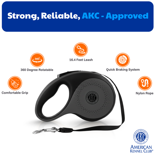 Akc Retractable Leash Xl 5M, 110 Lbs Dkgry/Blk