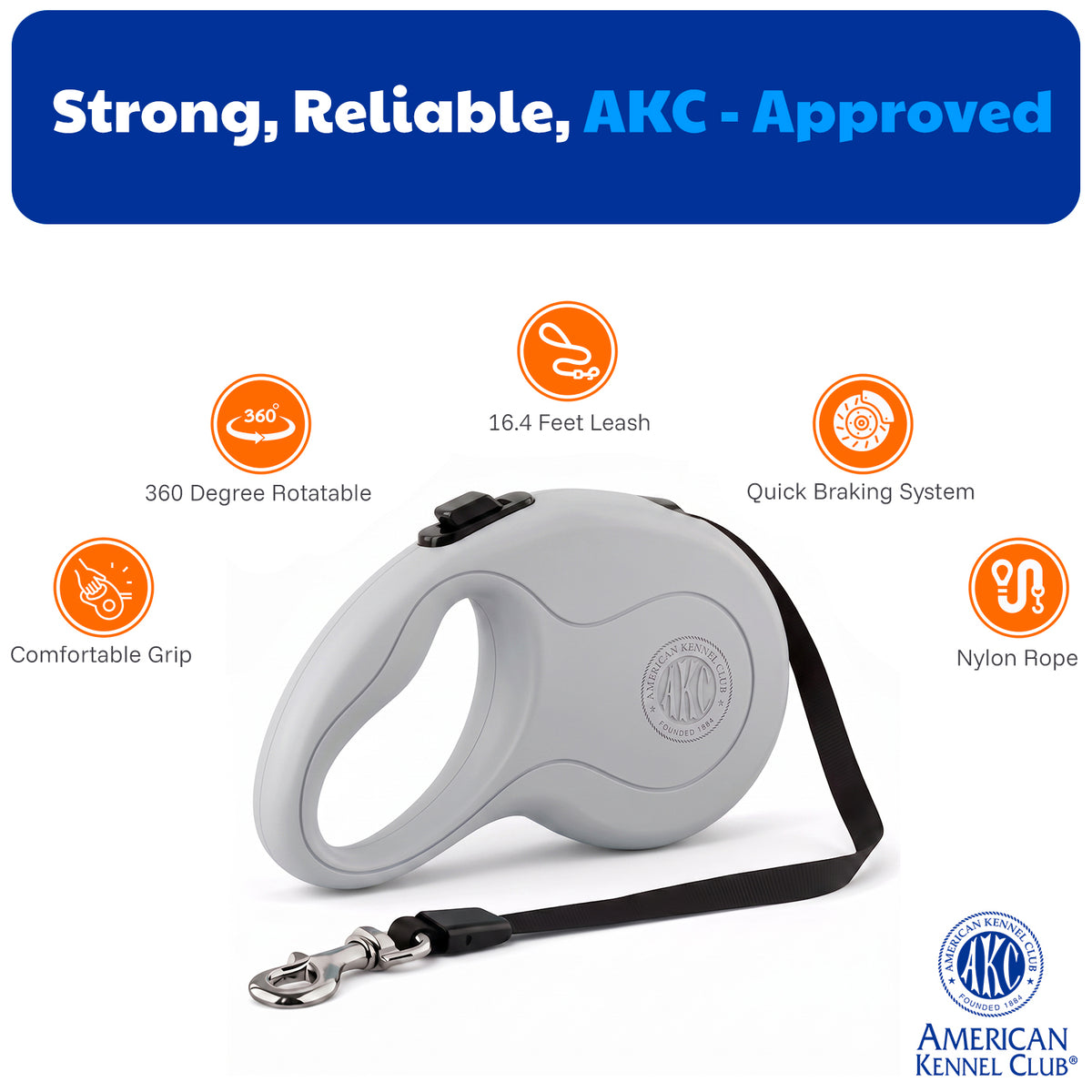 Akc Retractable Leash Large 5M/16.4Ft Gray