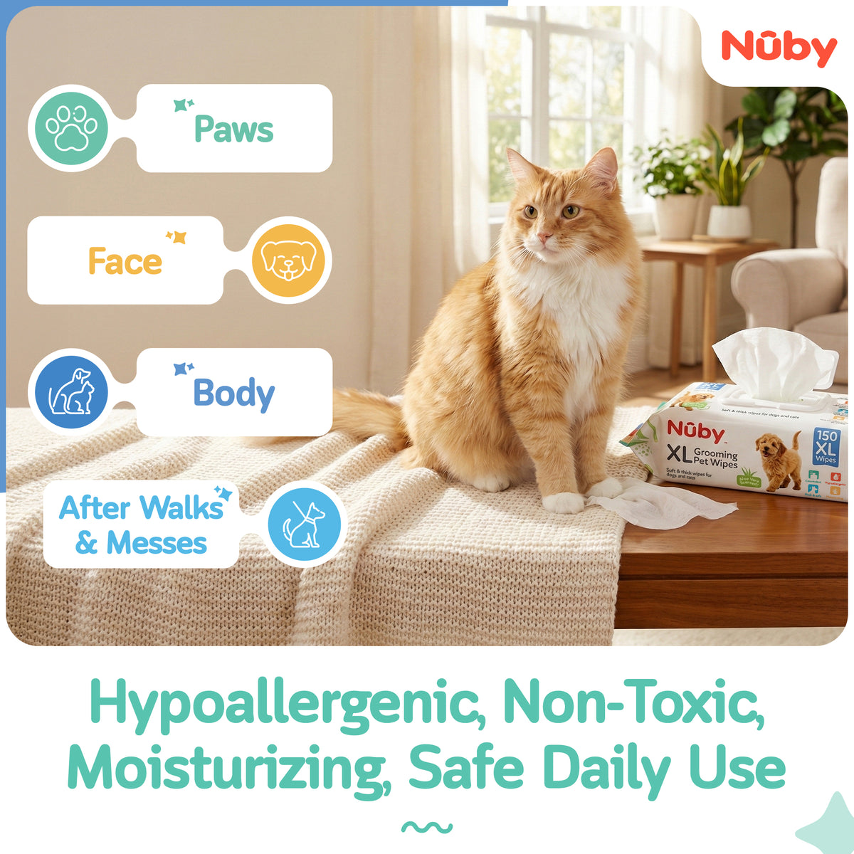 Nuby 150 Ct Xl Puppy Wipes Aloe Scent 8" X 10"