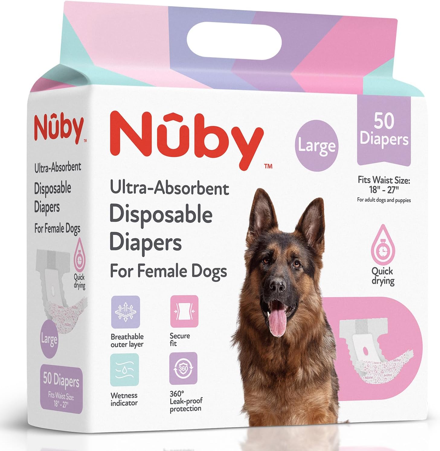 Nuby L Female Dog Diapers 50Ct Waist Sz 18"- 27"