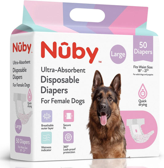 Nuby L Female Dog Diapers 50Ct Waist Sz 18"- 27"