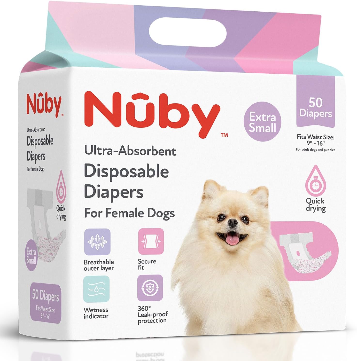 Nuby Xs Female Dog Diapers 50Ct Waist Sz 9"- 16"