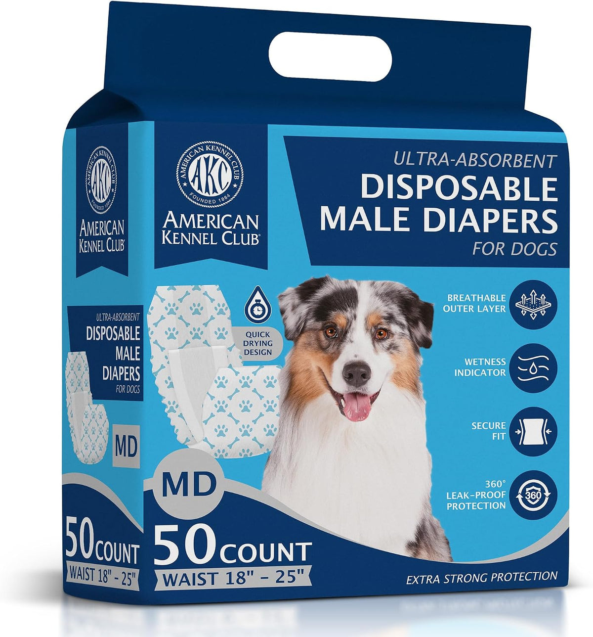 Akc Size M Male Dog Diapers 50Ct Waist Sz 18"- 25"