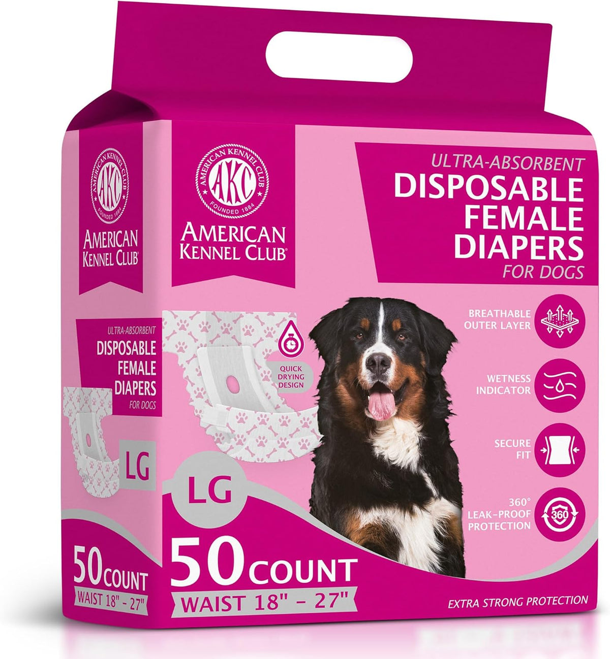 Akc Size L Female Dog Diapers 50Ct Waist Sz 18"- 27" Updated Hole Position