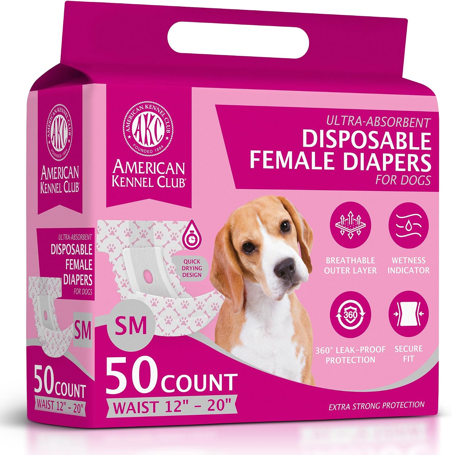 Akc Size S Female Dog Diapers 50Ct Waist Sz 12"- 20"