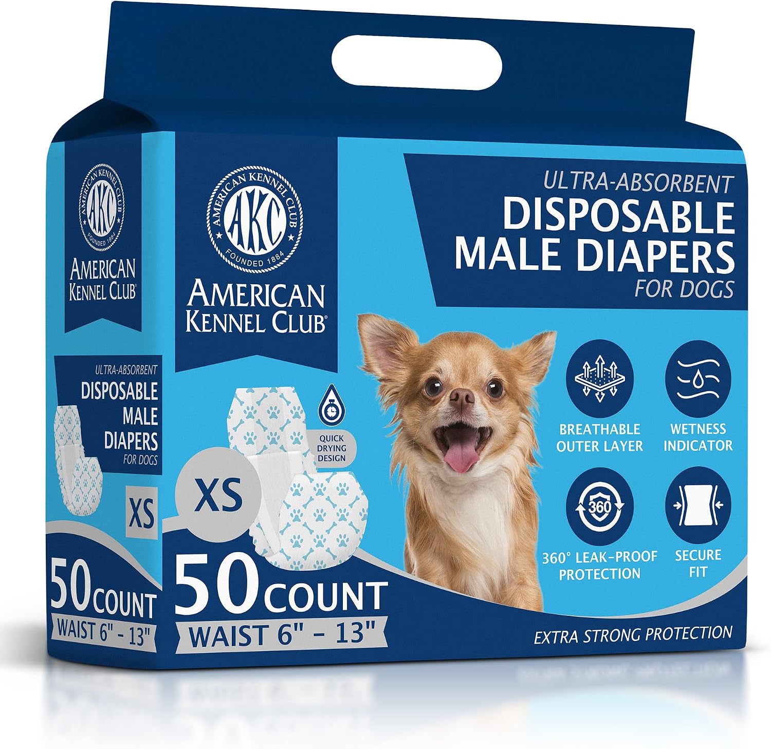 Akc Size Xs Male Dog Diapers 50Ct Waist Sz 6"- 13"