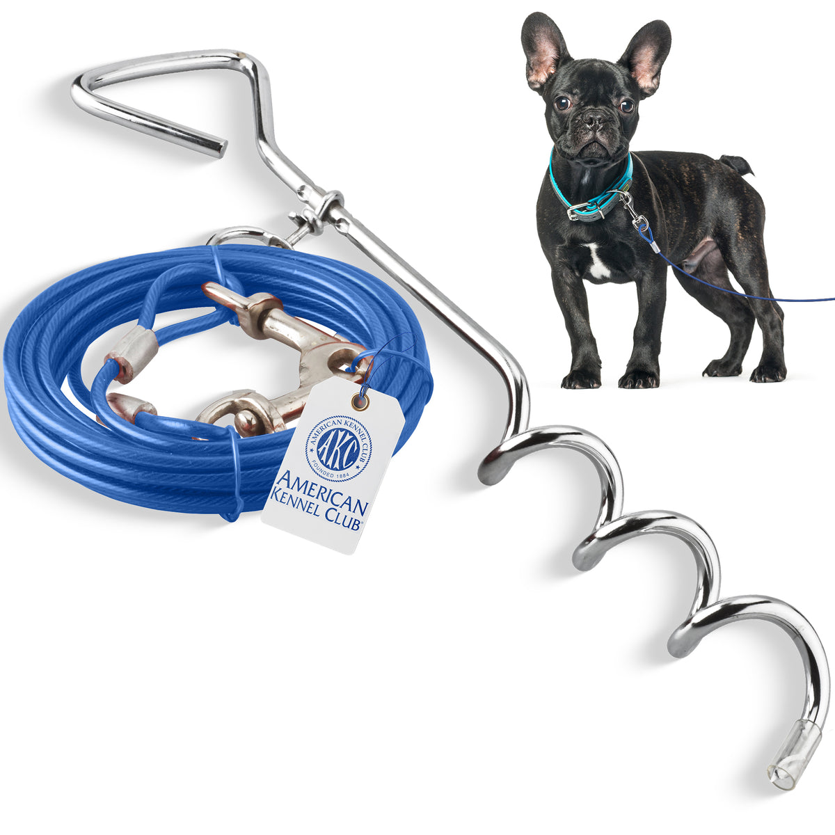 Akc Tie Out Cable With Stake 4Mm X 15Ft Blue