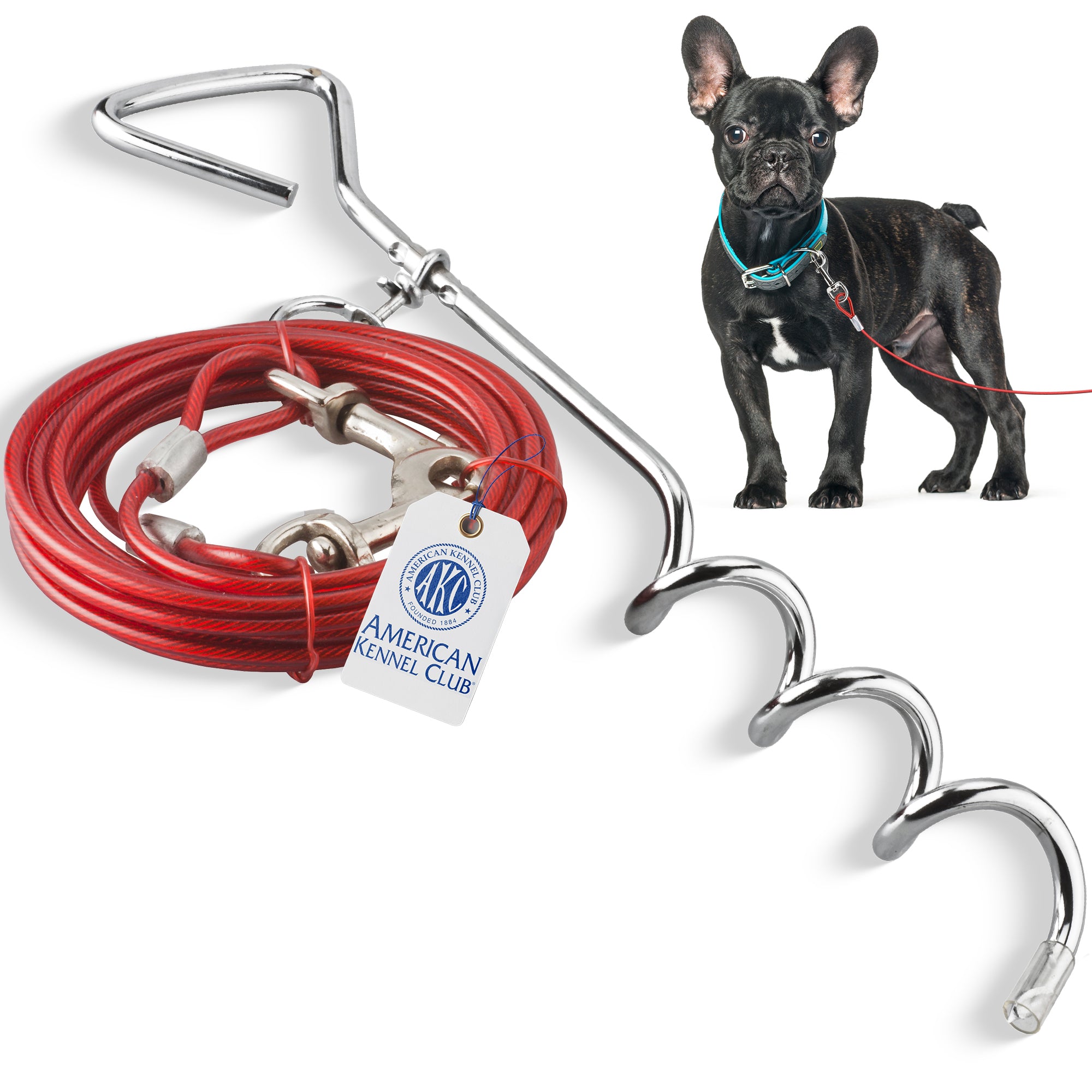 Akc Tie Out Cable With Stake 4Mm X 15Ft Red
