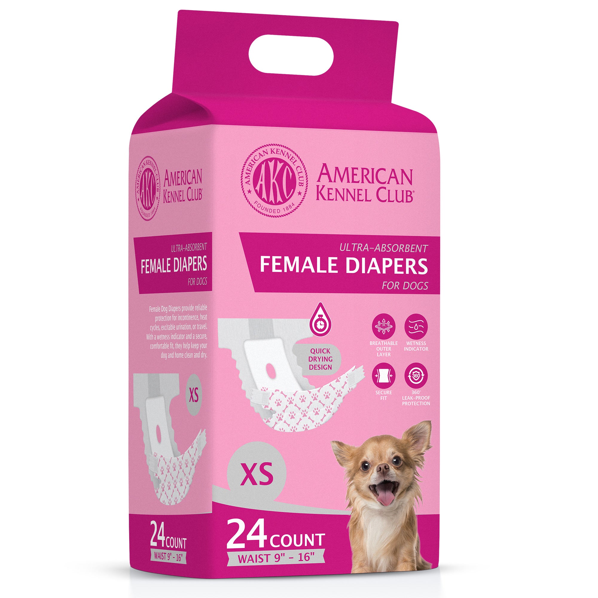 Akc Size Xs Female Dog Diapers 24Ct Waist Sz 9"- 16"