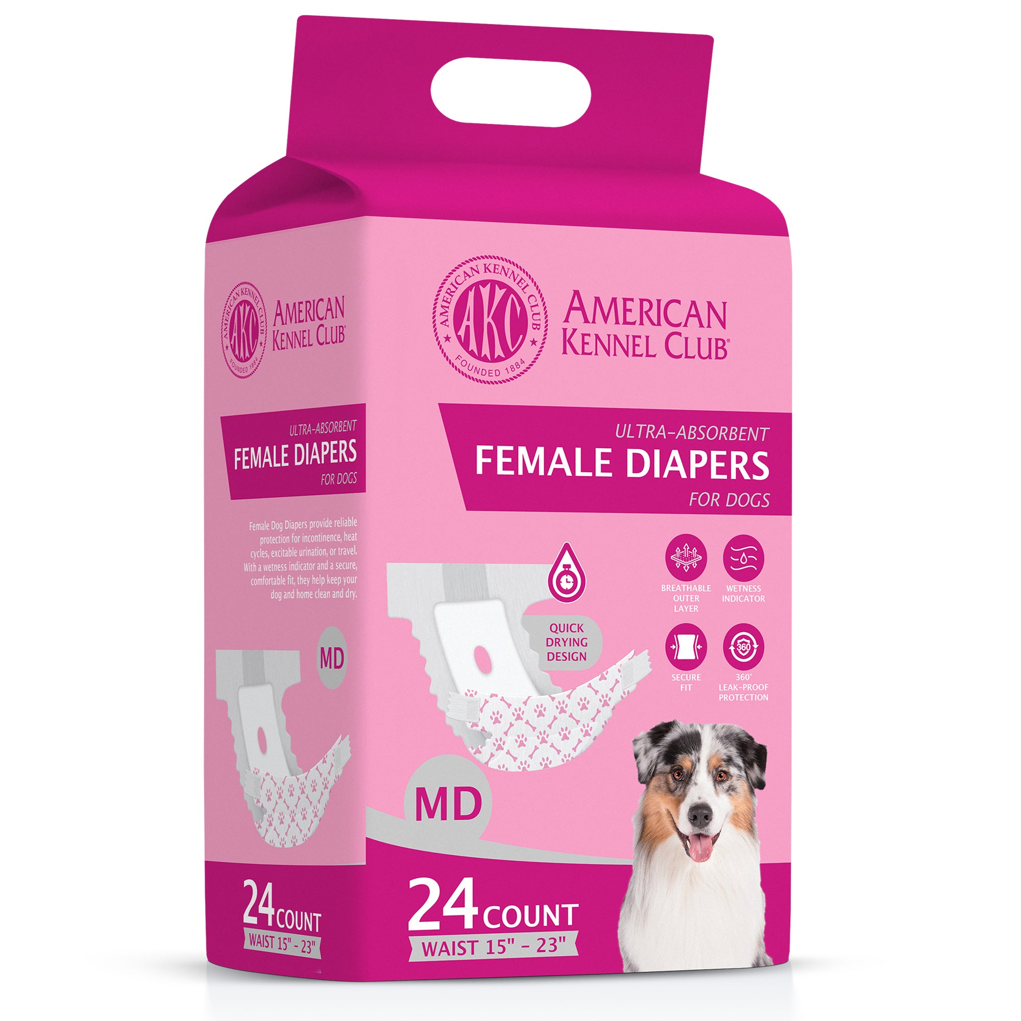 Akc Size M Female Dog Diapers 24Ct Waist Sz 15"- 23"