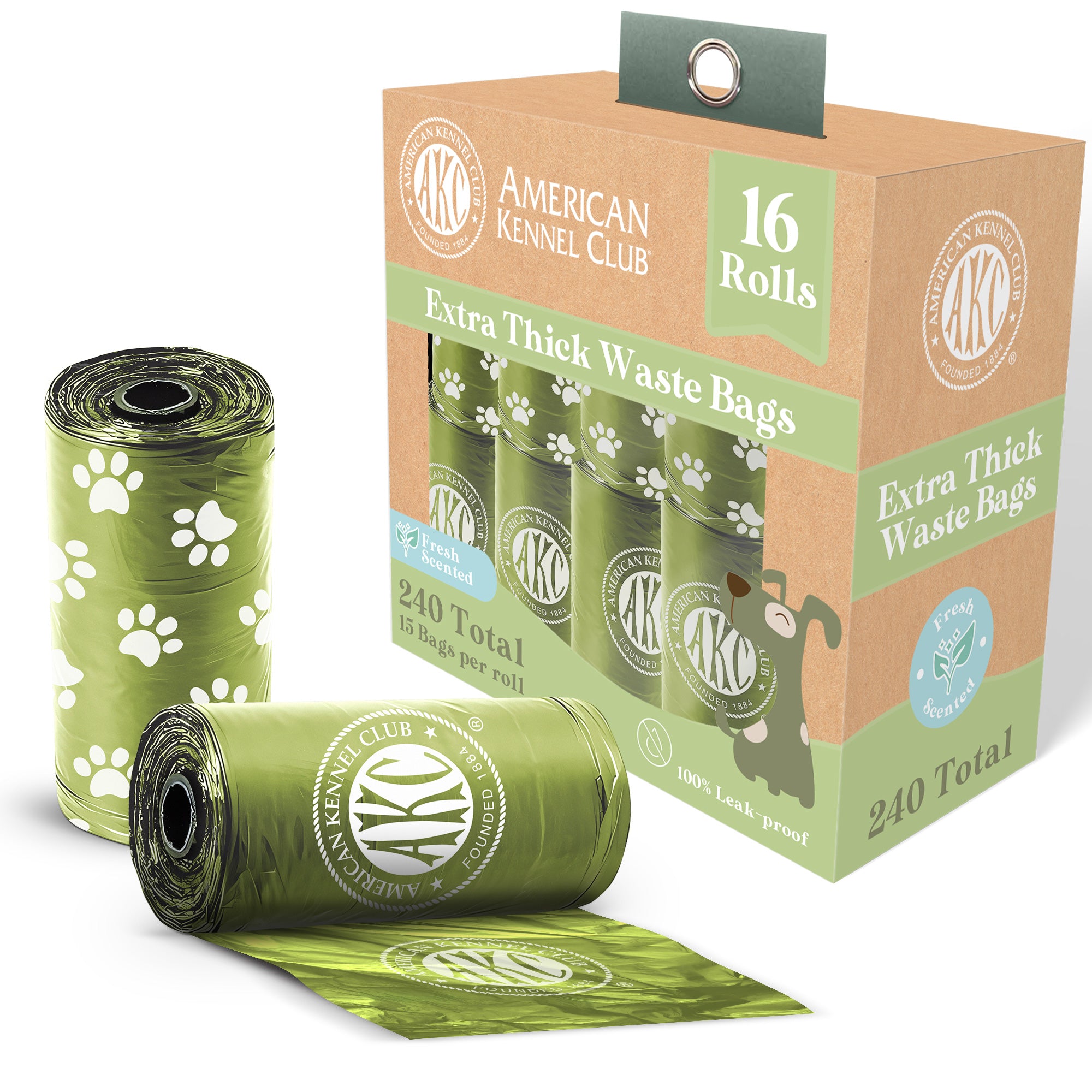 Akc 16 Rolls (240 Bags) Waste Bags, 15 Micro Green Bag With Fresh Scents