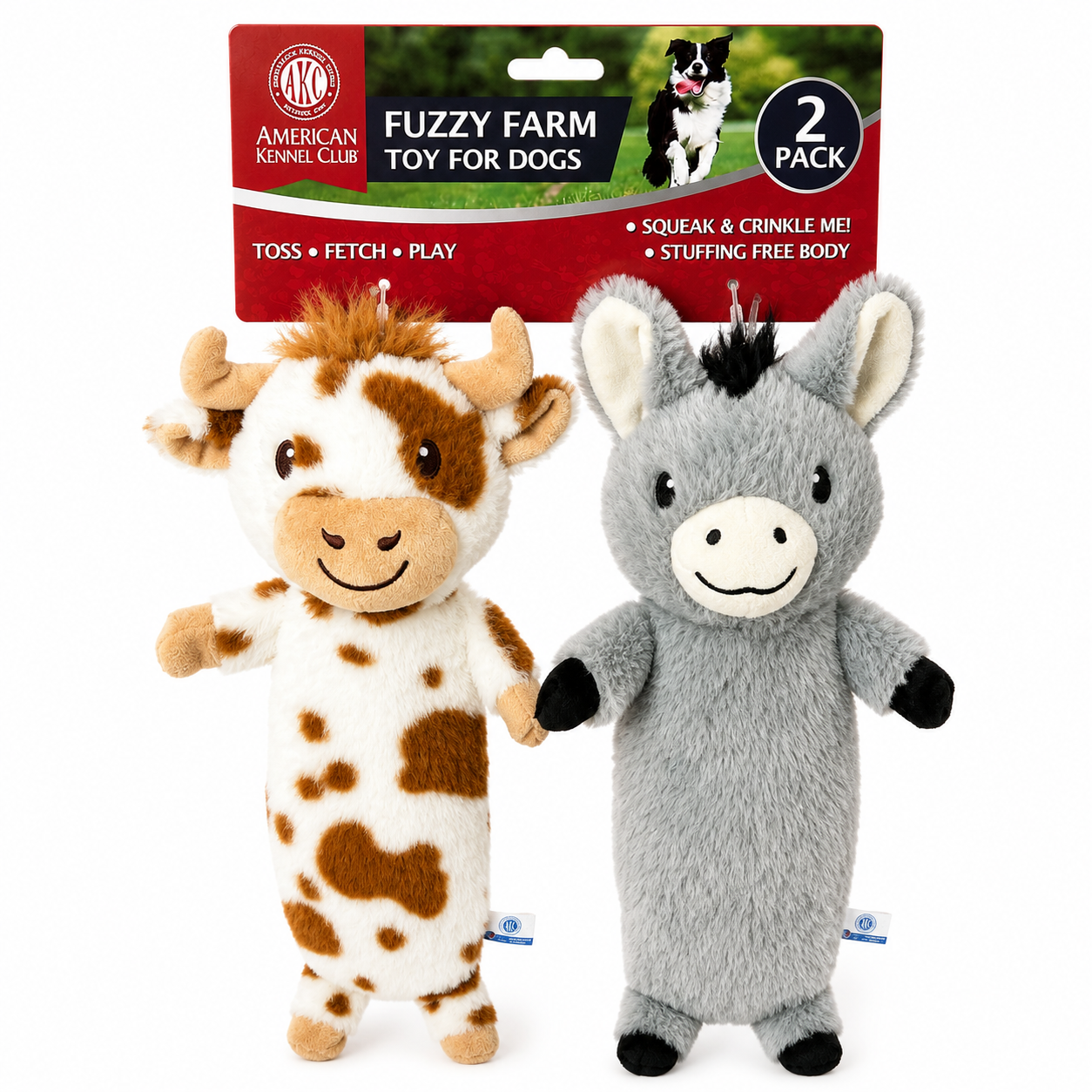 Akc 2 Pk Cow And Donkey Plush With Long Crinkle Body Dog Toy