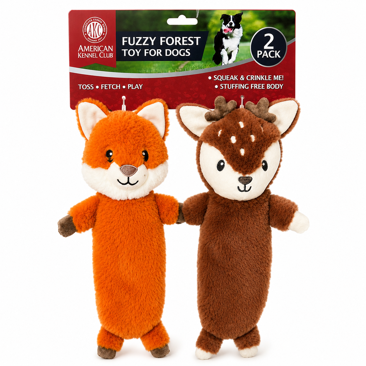 Akc 2 Pk Fox And Deer Plush With Long Crinkle Body Dog Toy