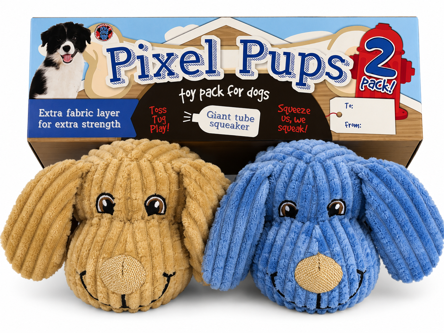 Bow Wow 2Pk Extra Layer Pixel Pup Plush Dog Toy Blue And Tan