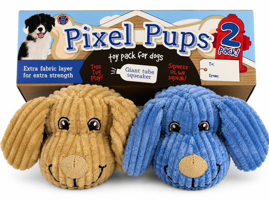 Bow Wow 2Pk Extra Layer Pixel Pup Plush Dog Toy Blue And Tan