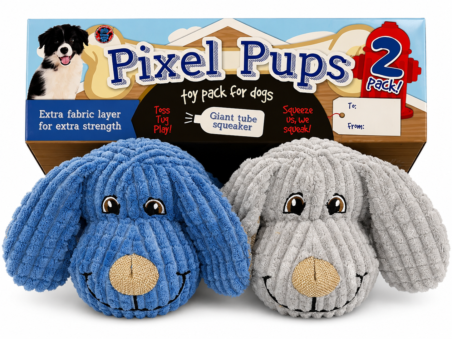 Bow Wow 2Pk Extra Layer Pixel Pup Plush Dog Toy Gray And Blue
