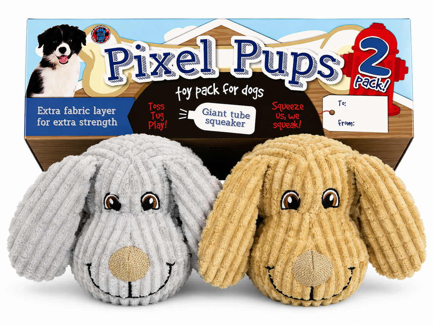 Bow Wow 2Pk Extra Layer Pixel Pup Plush Dog Toy Tan And Gray