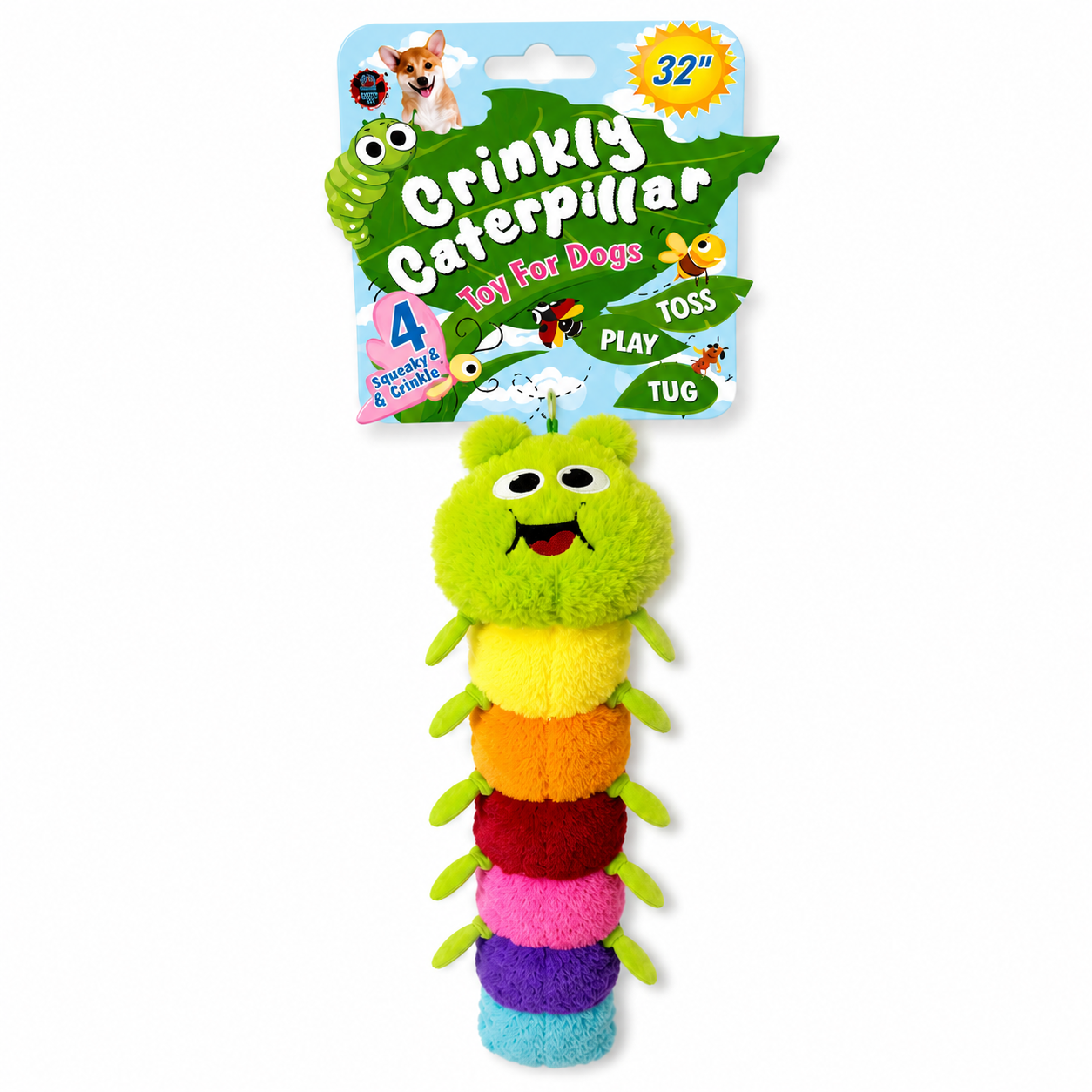 Bow Wow Squeaker And Crinkle Caterpillar Plush 32"
