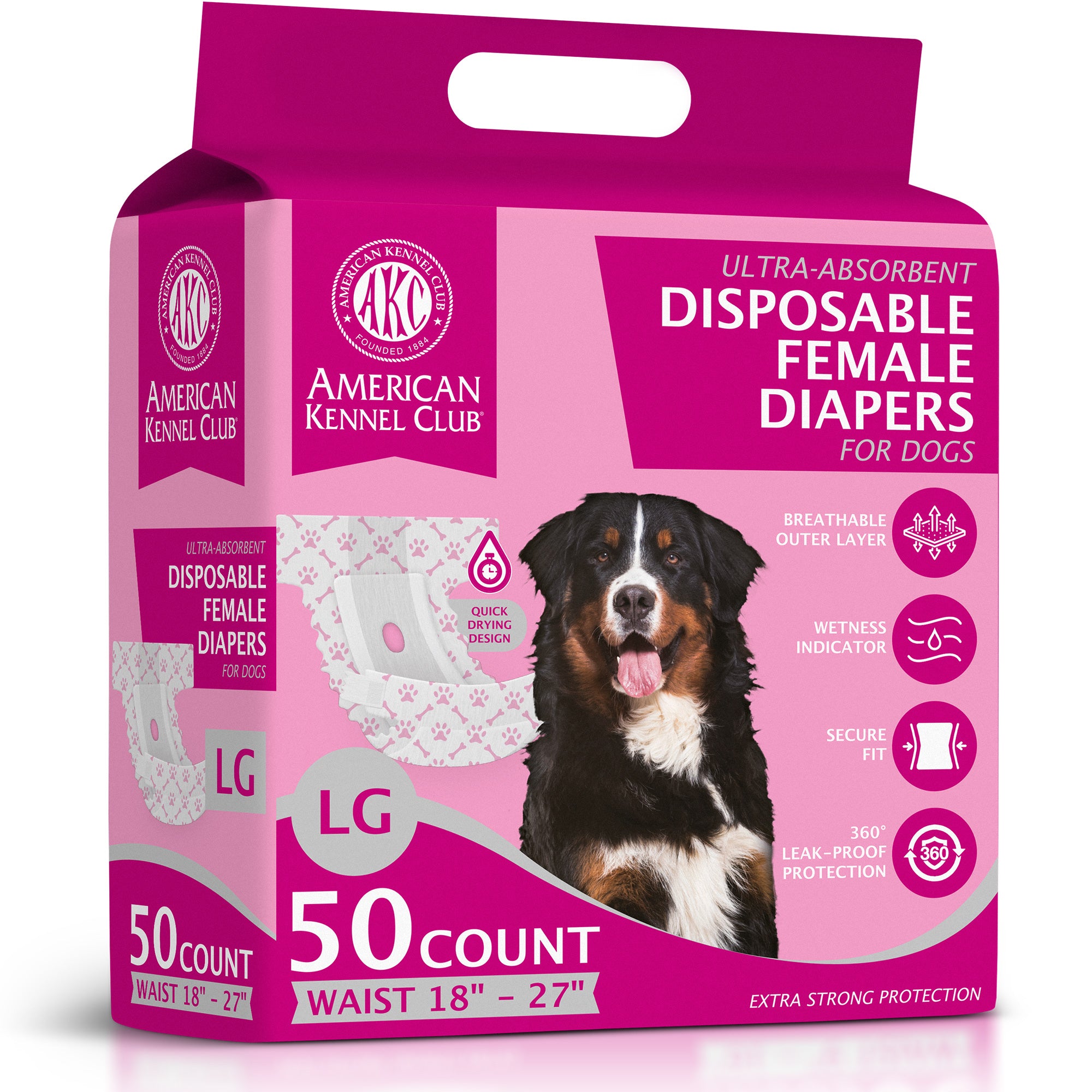 Akc Size L Female Dog Diapers 50Ct Waist Sz 18"- 27"