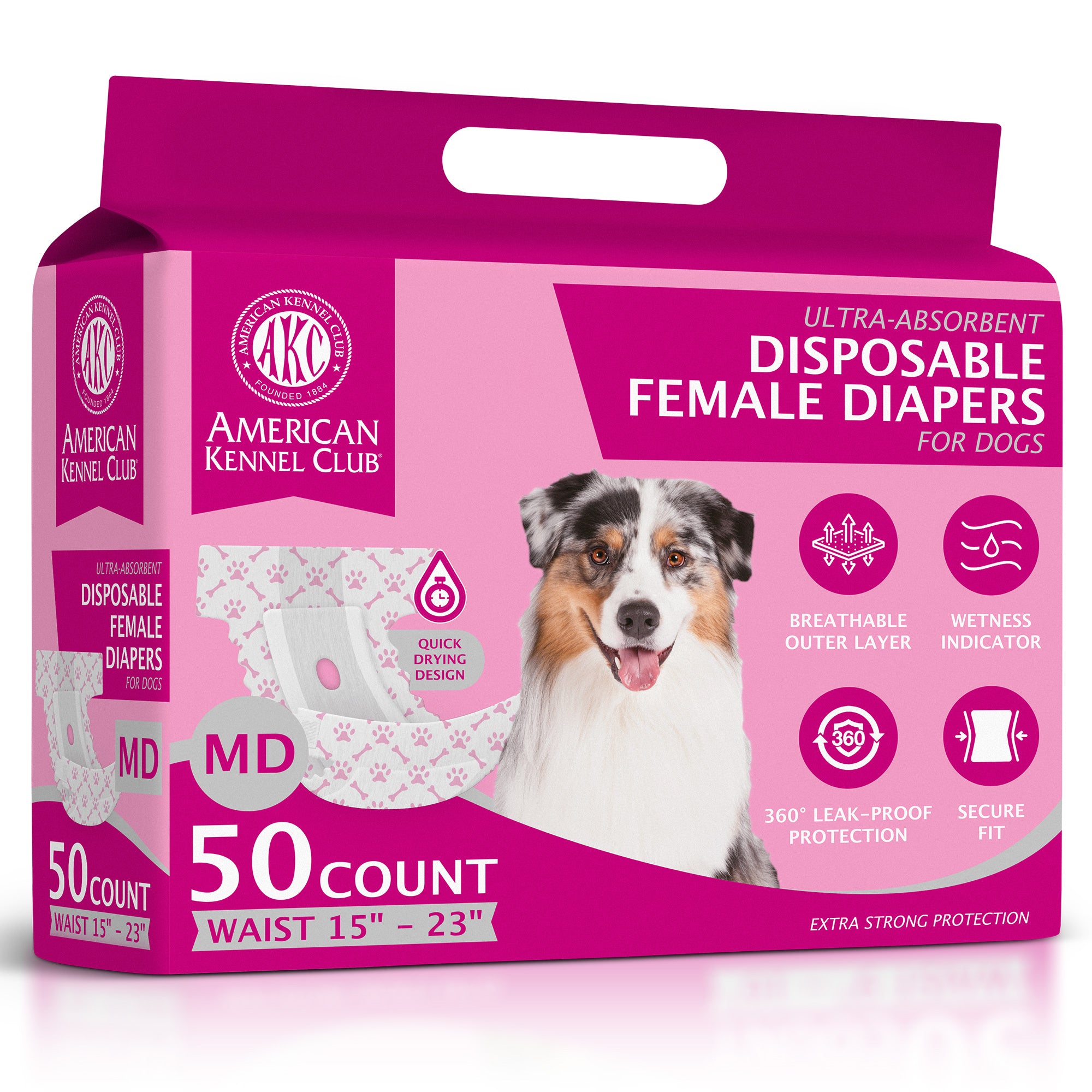 Akc Size M Female Dog Diapers 50Ct Waist Sz 15"- 23"