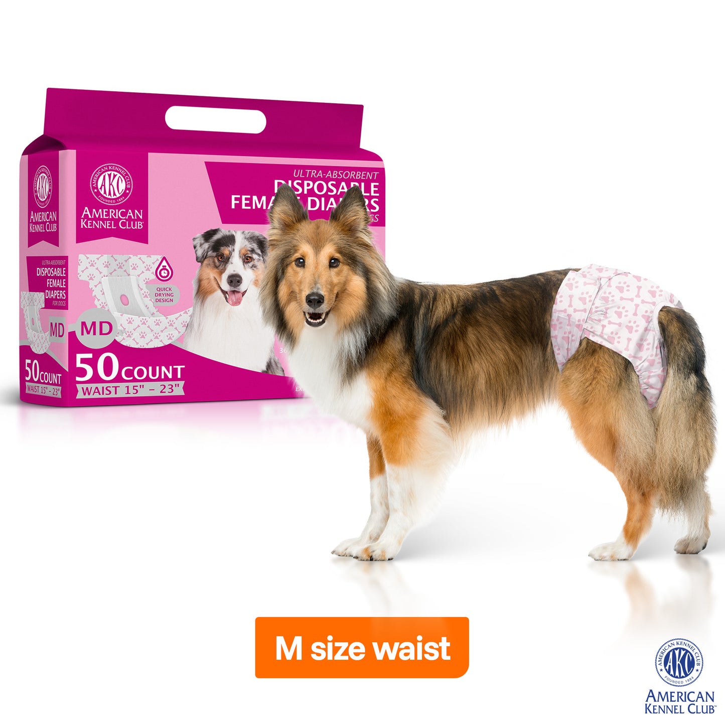 Akc Size M Female Dog Diapers 50Ct Waist Sz 15"- 23"