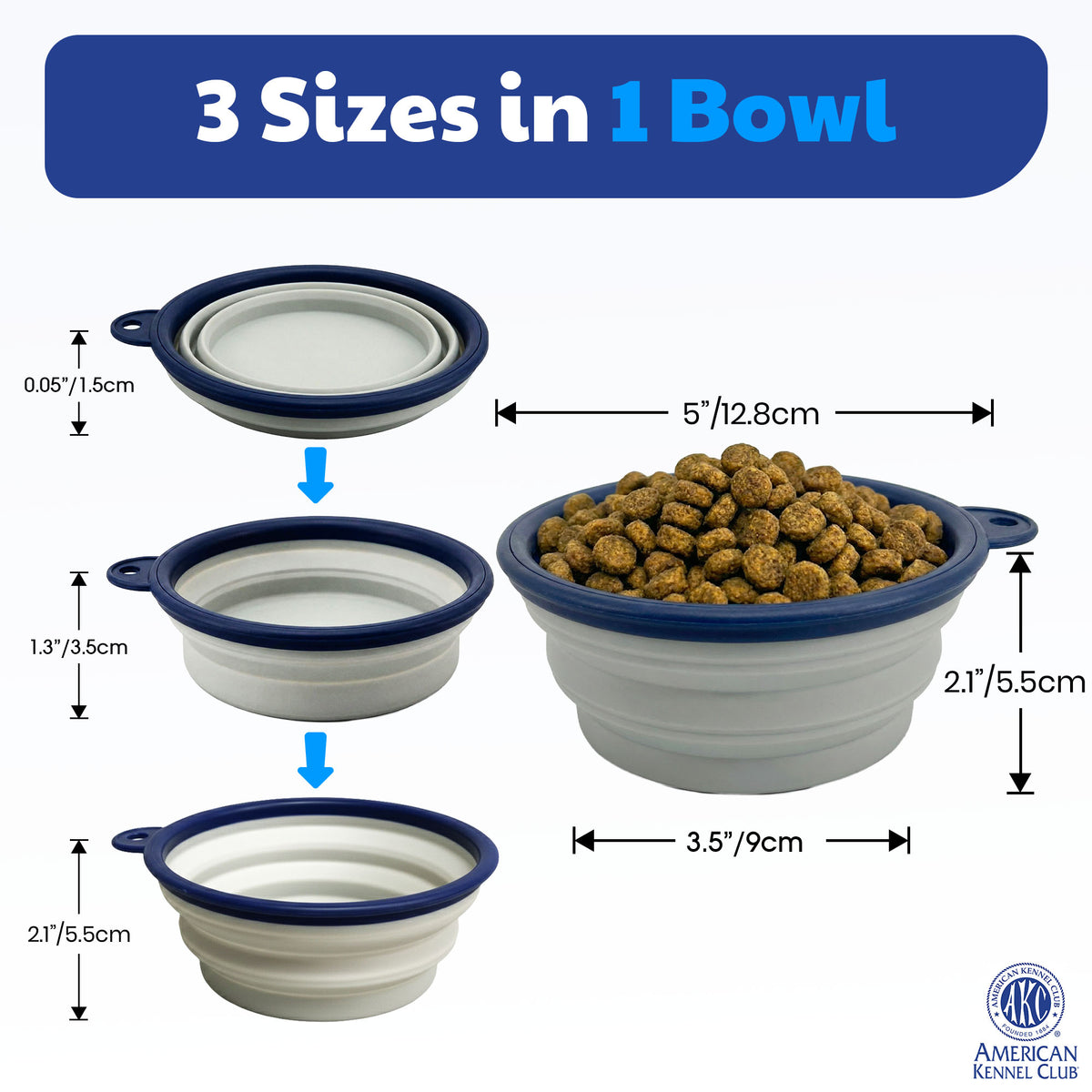 Akc 2 Pk Collapsible Travel Bowl Blue/Gray