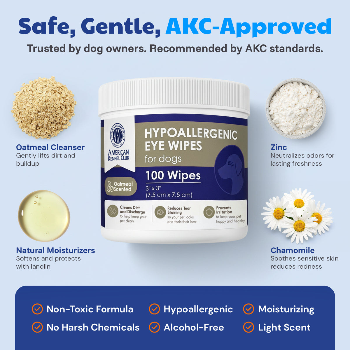Akc 3*3" Pet Eye Wipes Oatmeal Scent 100 Count