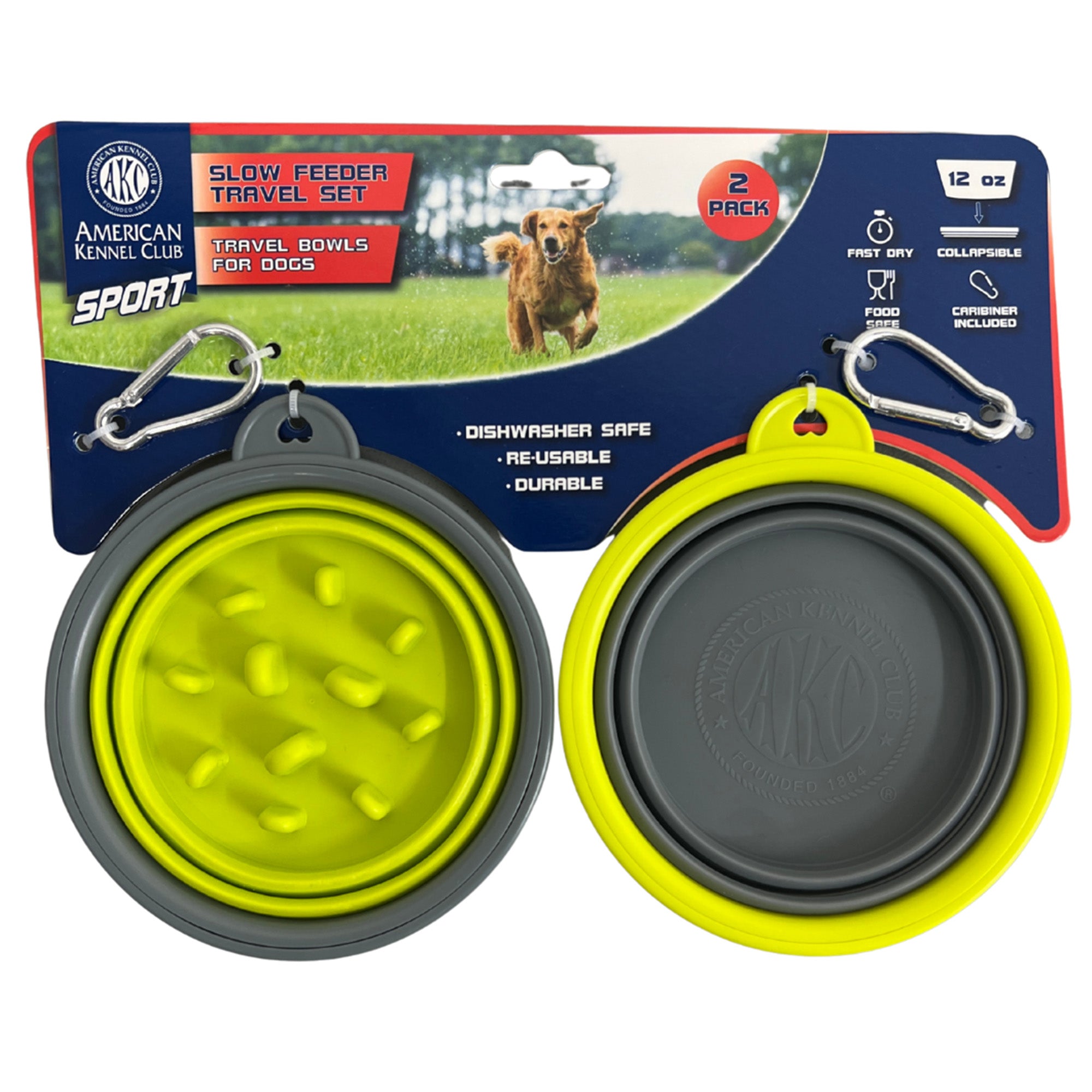 Akc 2 Pk Collapsible Travel Bowl Gray/Green