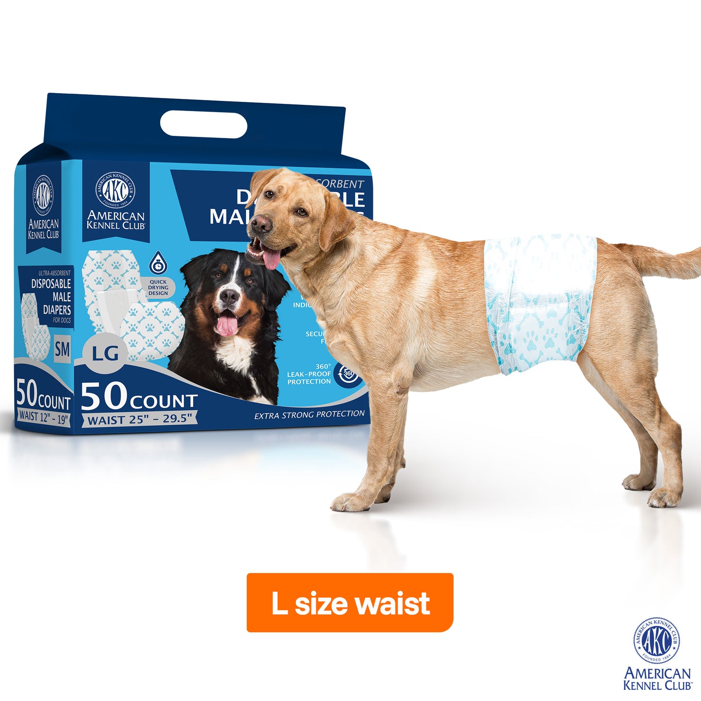 Akc Size L Male Dog Diapers 50Ct Waist Sz 25"- 29 1/2"