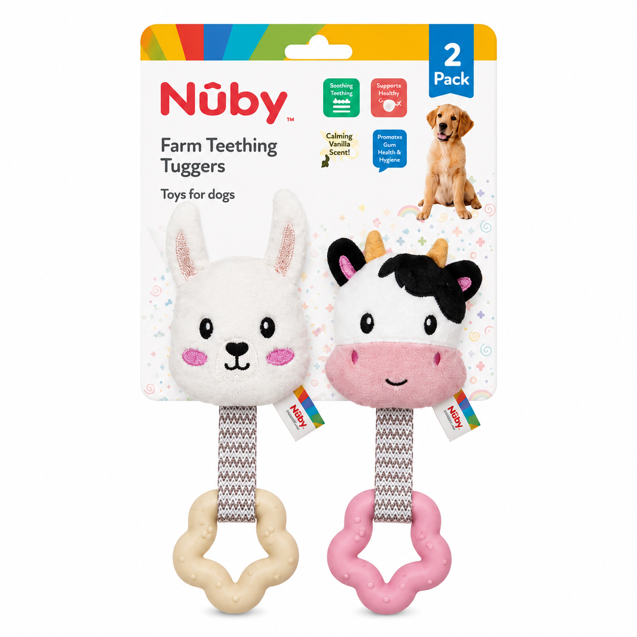 Nuby 2 Pk Plush With Tpr Ring Puppy Toy Farm Assortment