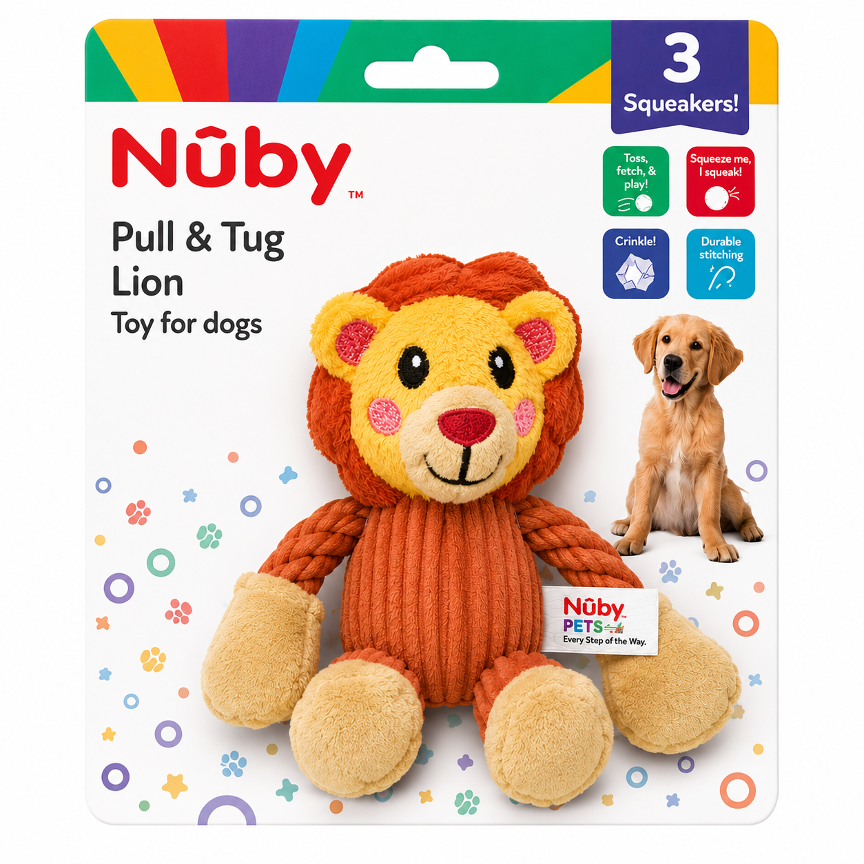 Nuby Crinkle And Squeak Plush With Pull And Tug Arms Puppy Toy Lion