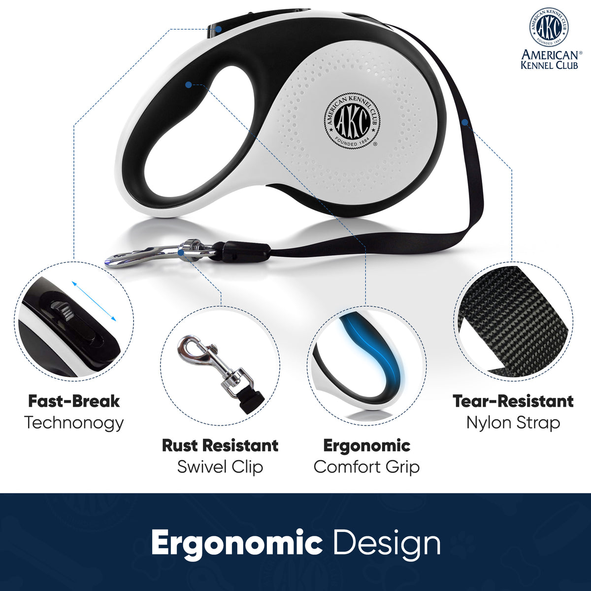 Akc Retractable Leash Large 5M, 66 Lbs Wht/Blk