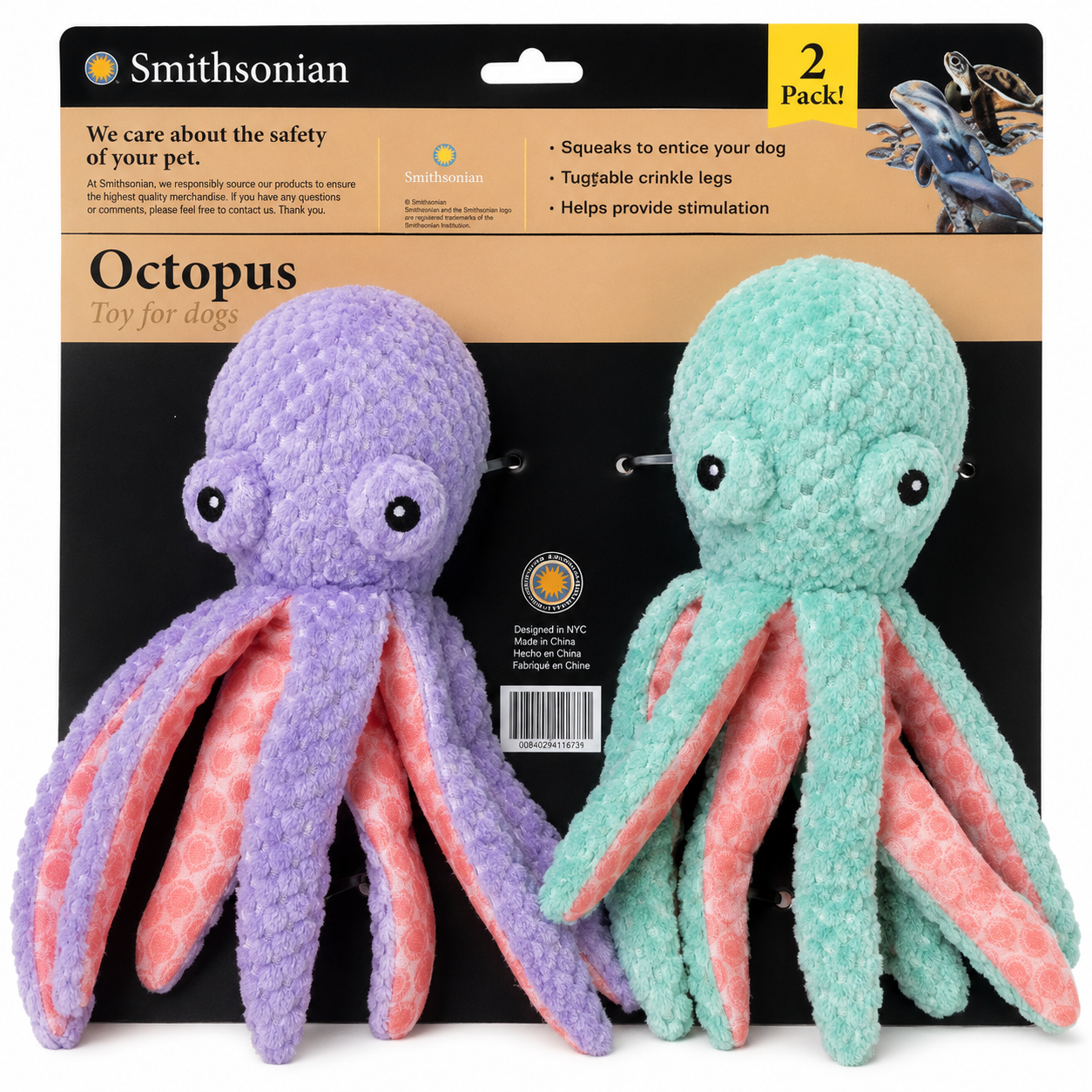Smithsonian 2Pk Popcorn Octopus With Crinkle Tentacles And Squeaker In Head