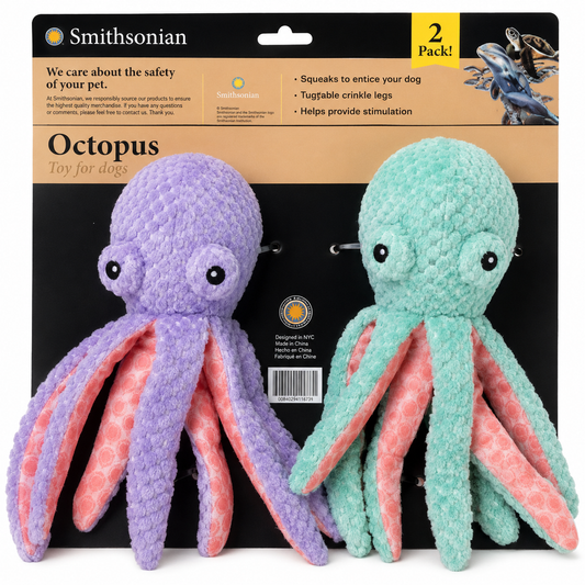 Smithsonian 2Pk Popcorn Octopus With Crinkle Tentacles And Squeaker In Head