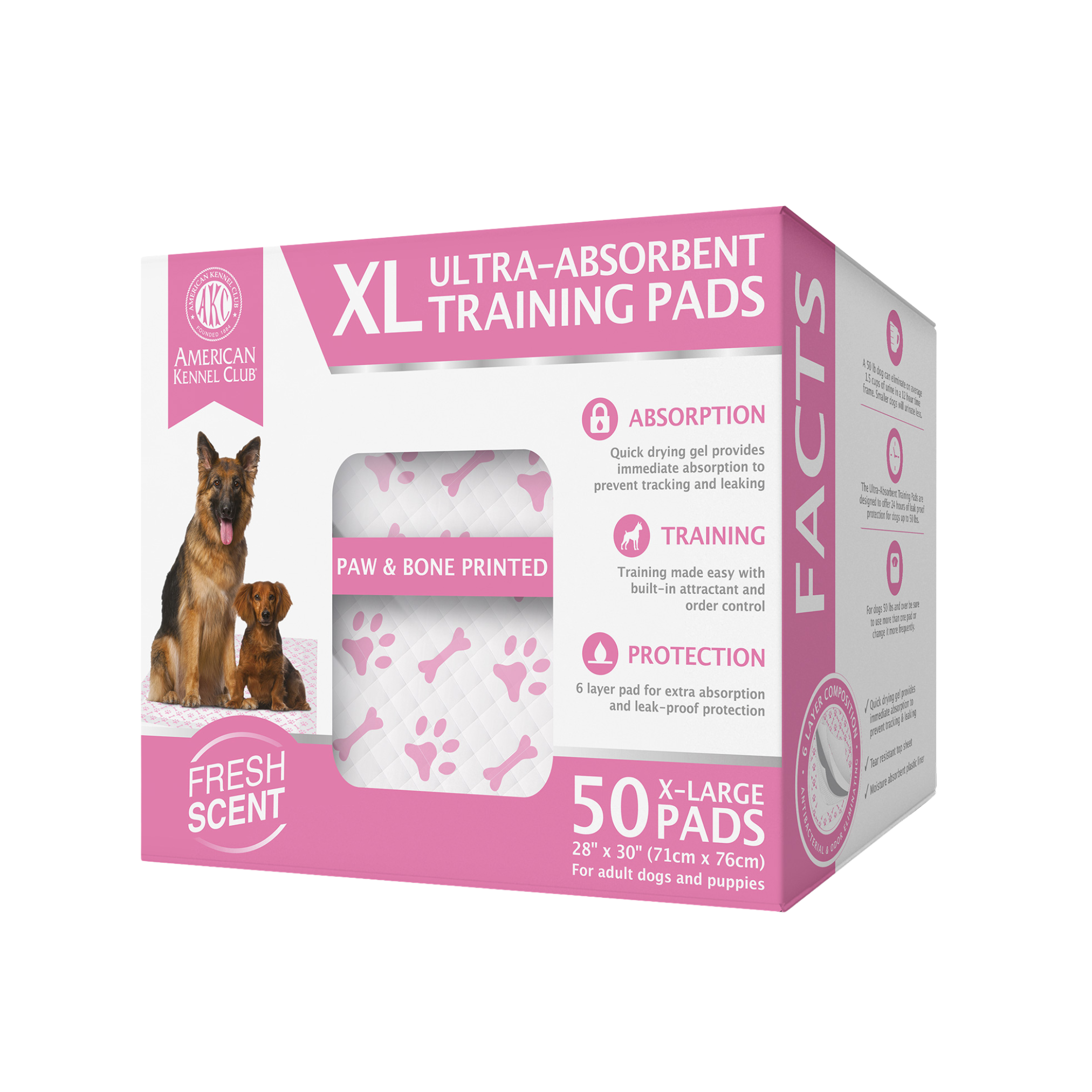 Akc 50 Ct 30" X 28" Xl Fresh Scented Training Pads In Box Paw And Bone Print Pink