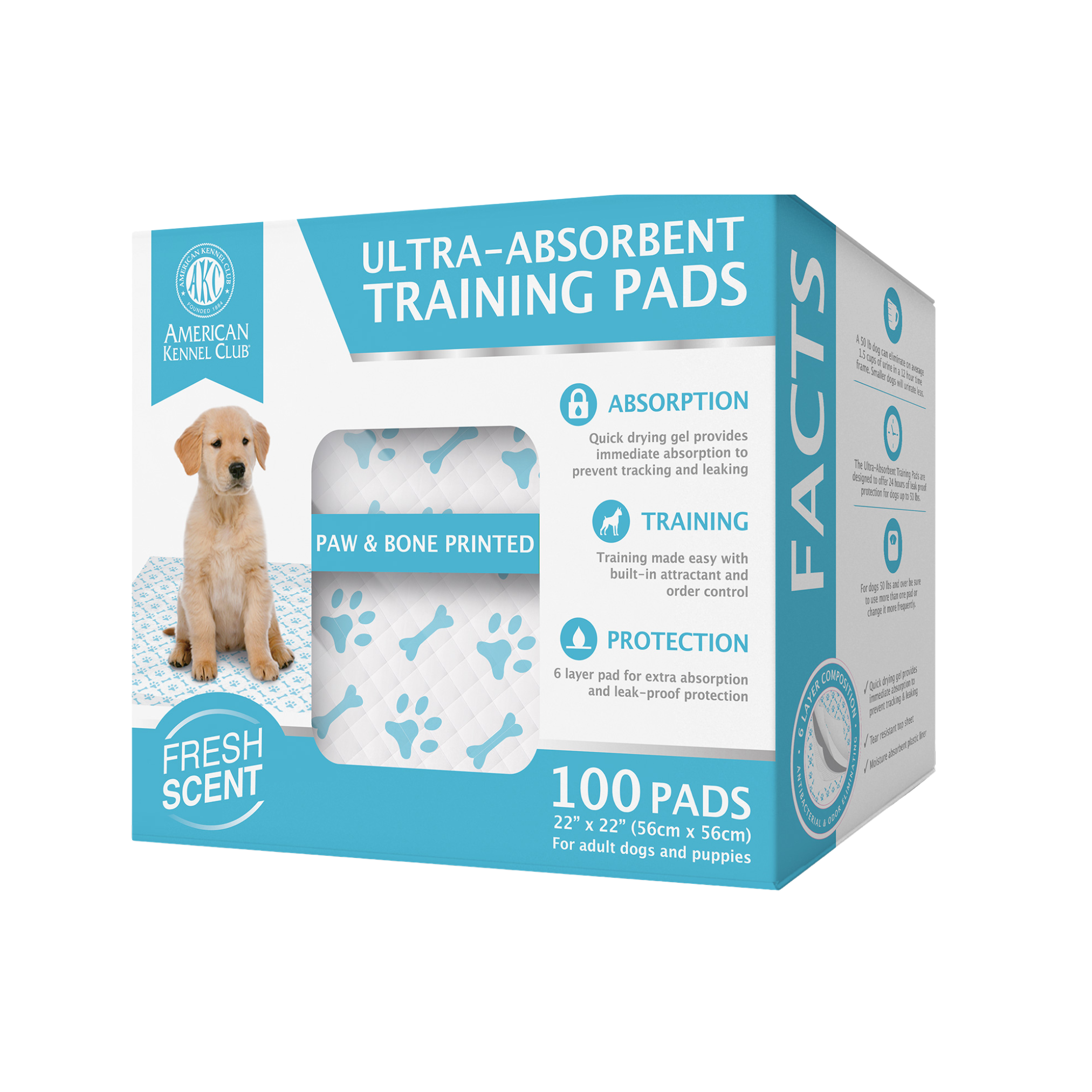 Akc 100 Ct 22" X 22" Fresh Scented Training Pads In Box Paw And Bone Print Blue
