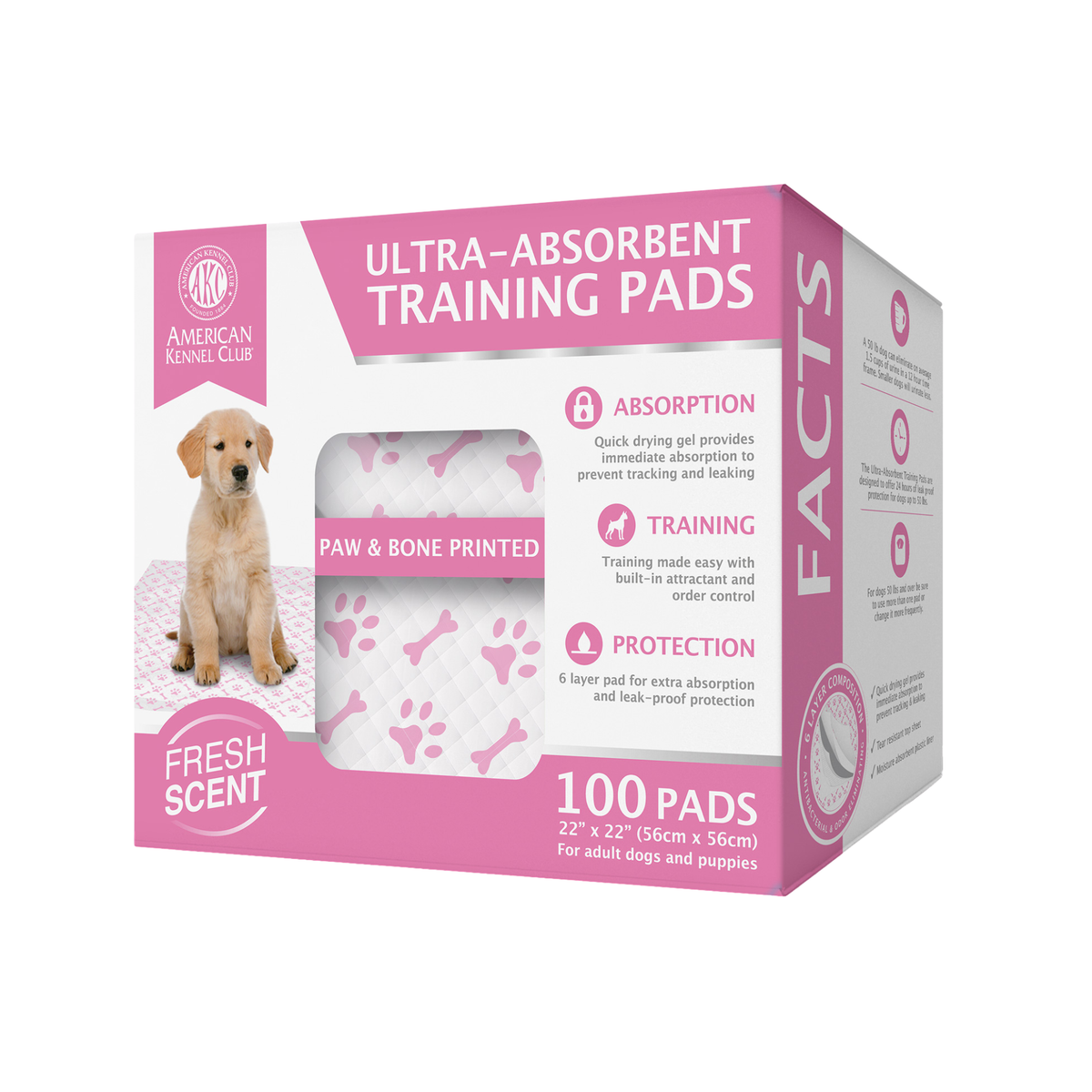 Akc 100 Ct 22" X 22" Fresh Scented Training Pads In Box Paw And Bone Print Pink